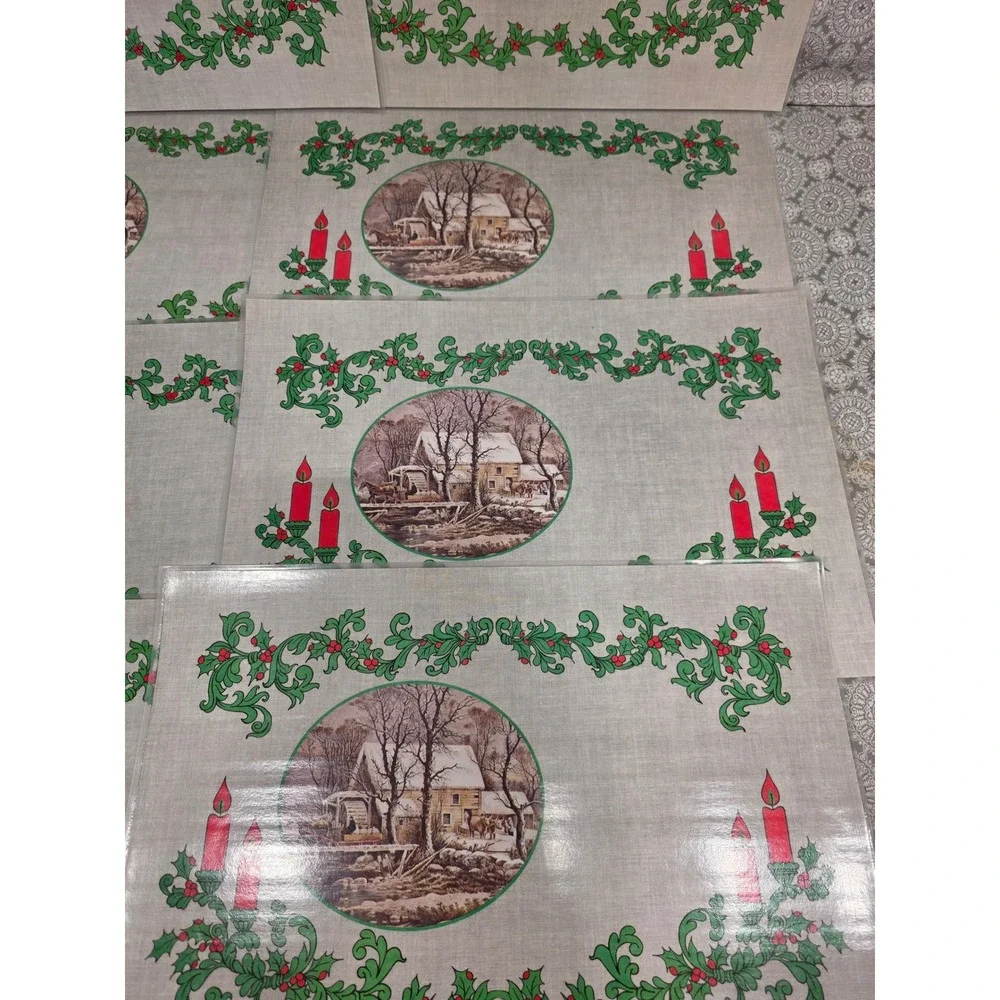 8 Vintage Christmas Placemats Winter Scene Holly‎ Candle Decor Currier & Ives